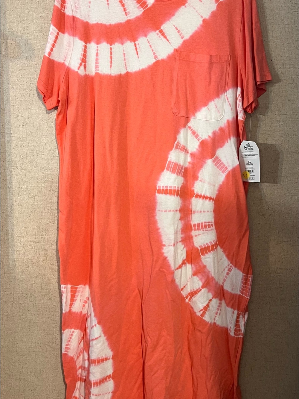 Time and Tru Coral and White Asymmetrical Tie-Dye Tunic with Pocket